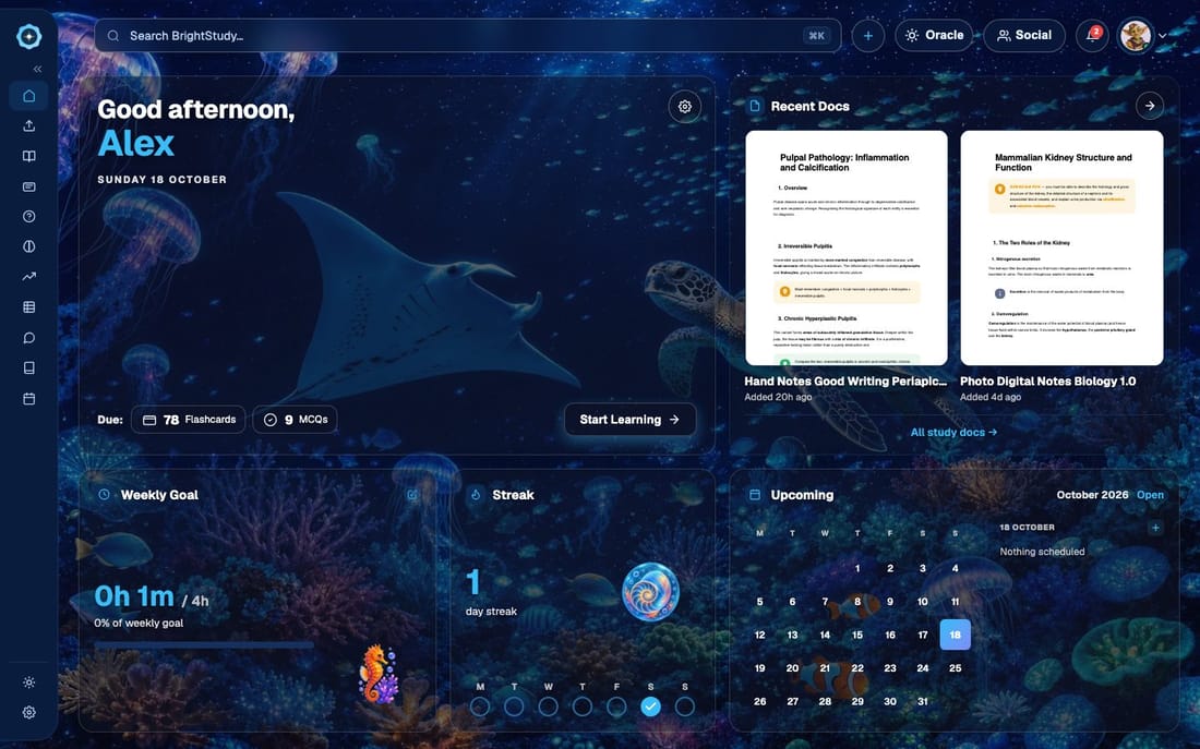 BrightStudy dashboard in the Nighttime Aquarium, a dark theme for late sessions