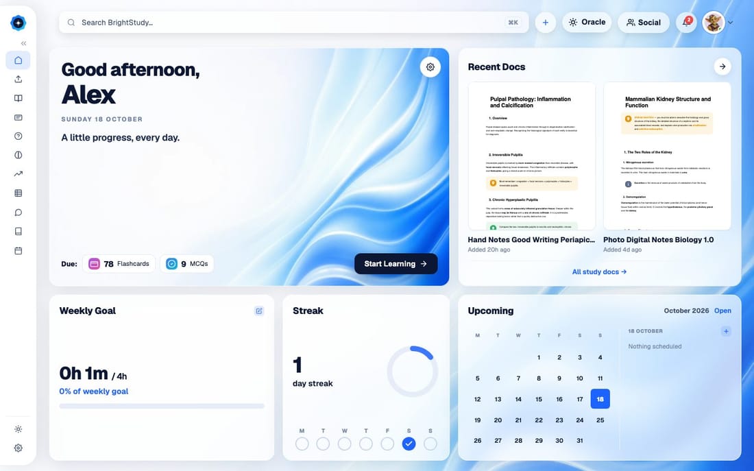 The BrightStudy dashboard showing recent Study Docs, due flashcards and MCQs, a weekly goal, streak and calendar
