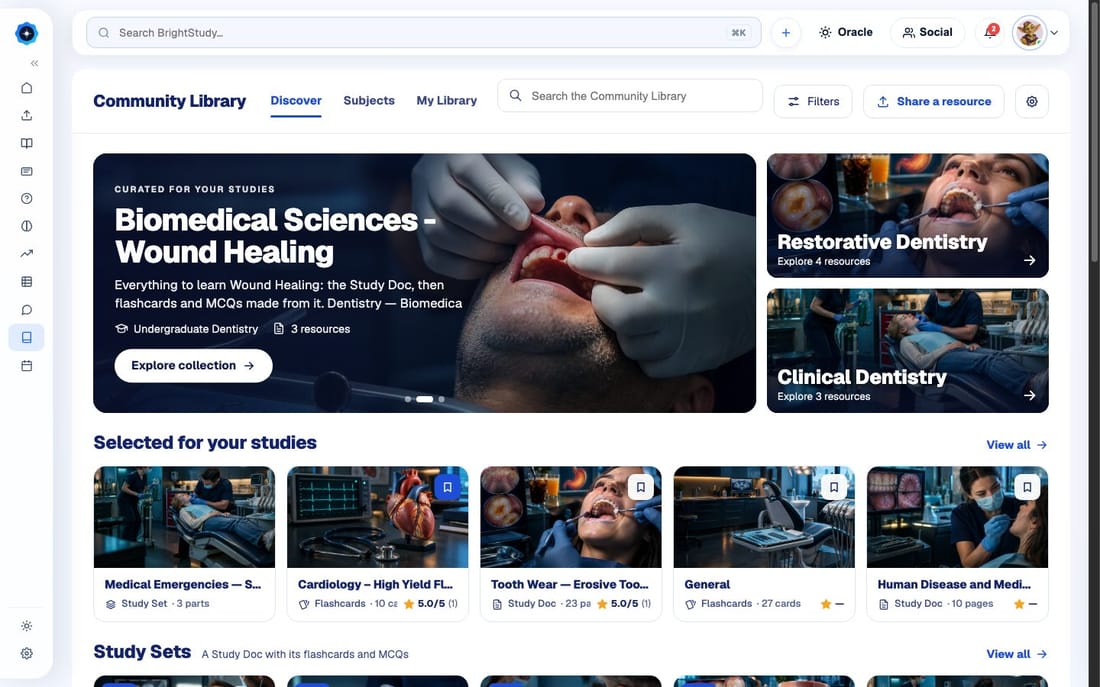 The BrightStudy Community Library with curated dentistry and biomedical science collections