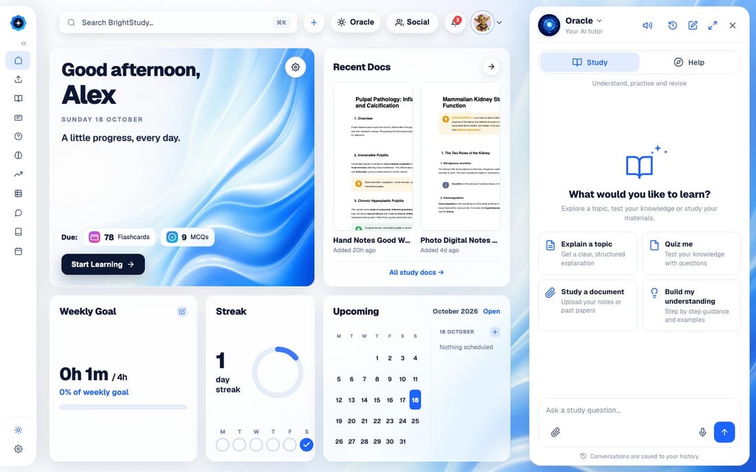 The BrightStudy dashboard with the Oracle AI tutor panel open