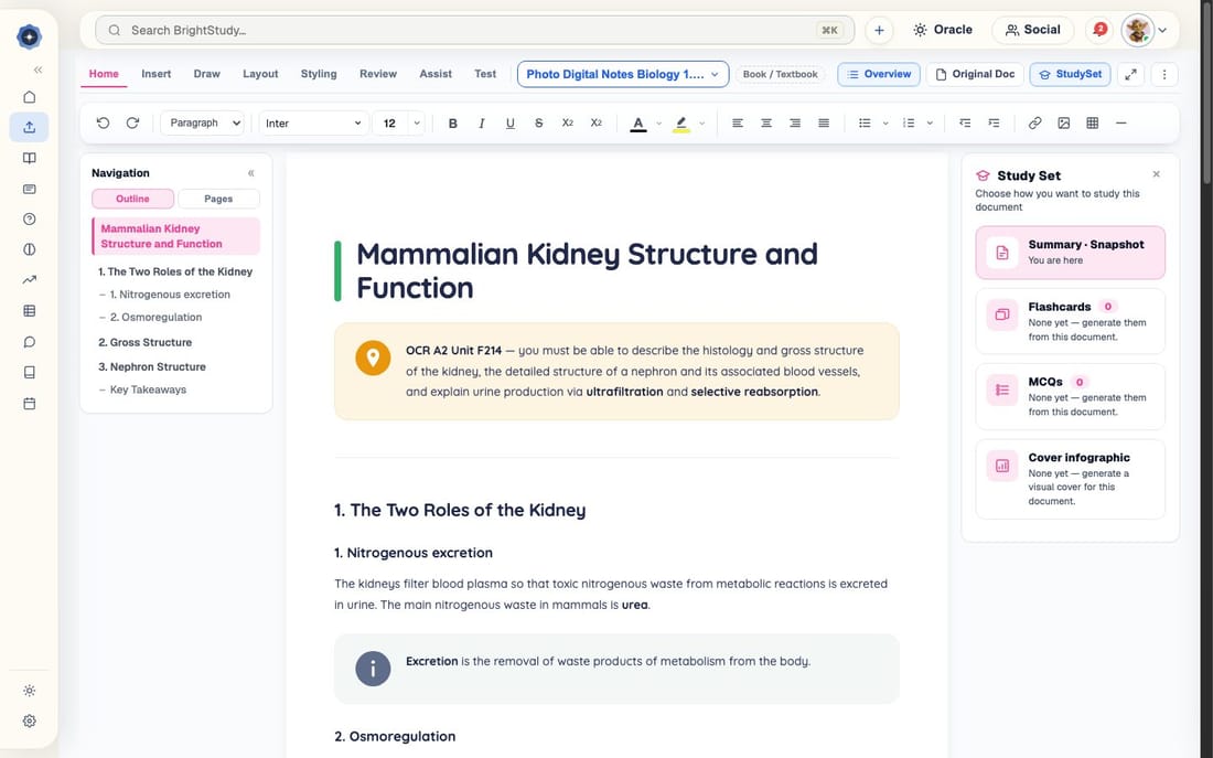 A BrightStudy Study Doc on mammalian kidney structure with outline navigation and a study set panel