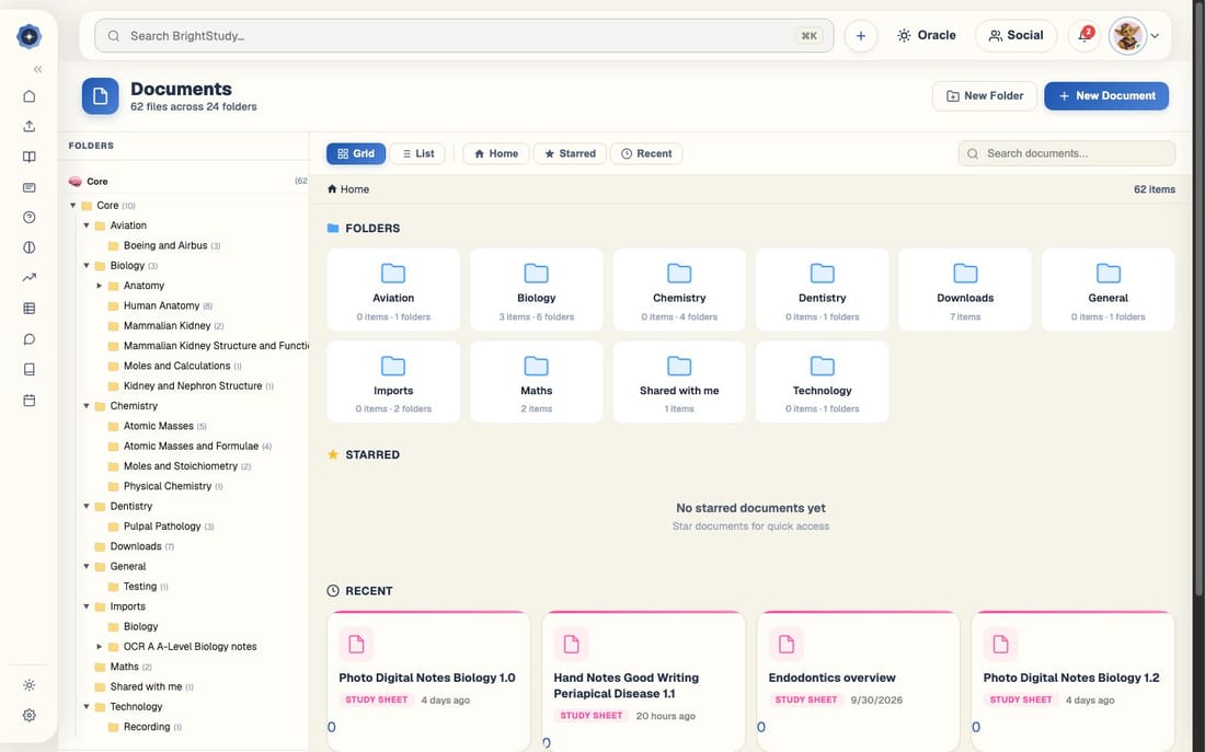 The BrightStudy Vault showing folders of documents organised by subject
