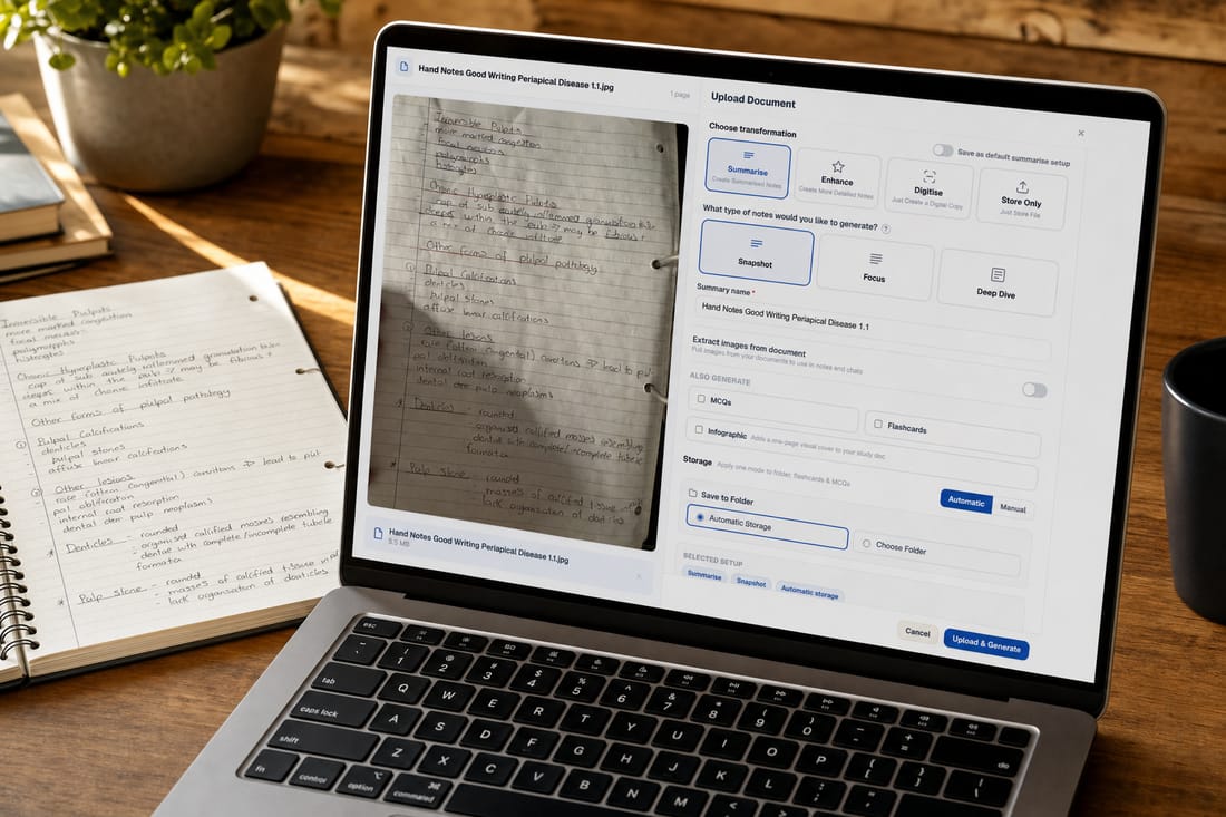A laptop showing the BrightStudy upload panel beside handwritten study notes