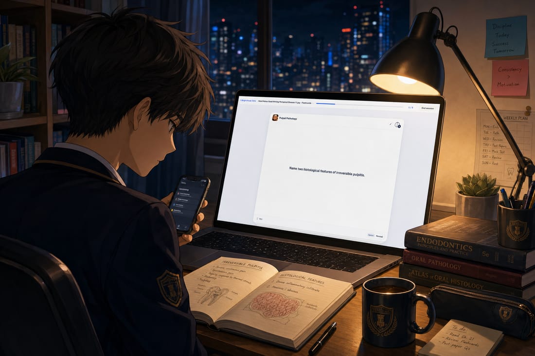 A student revising for GCSEs late at night at a desk with a laptop and textbooks