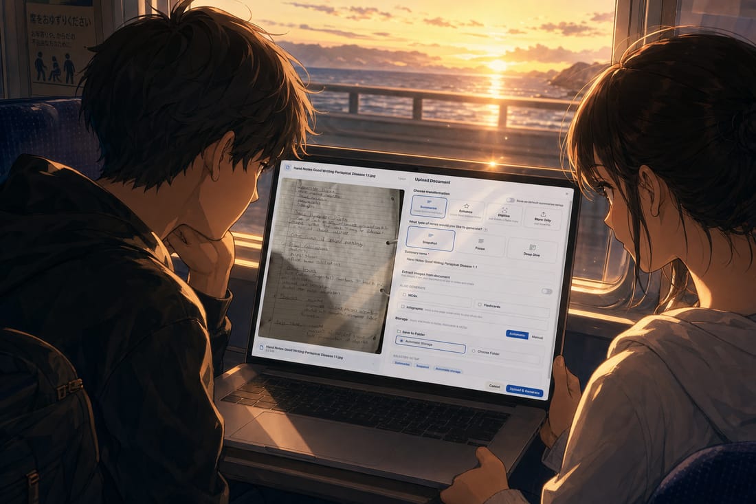Two students on a train at sunset looking at BrightStudy on a laptop