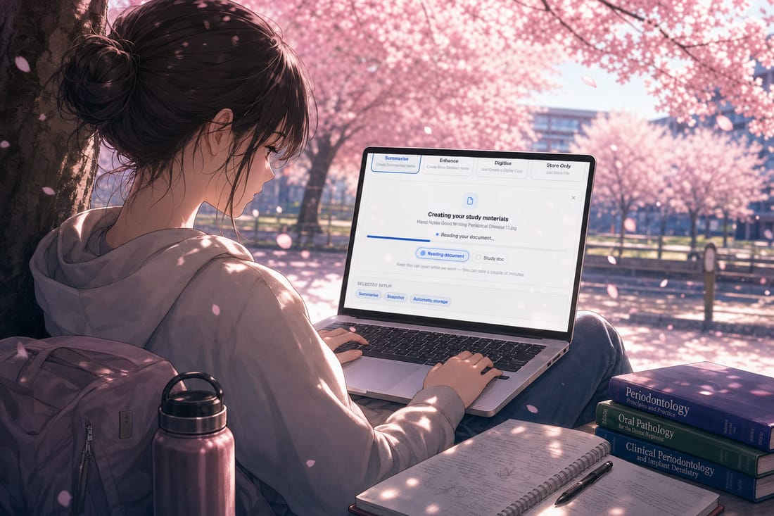 A sixth form student studying on a laptop under a cherry blossom tree
