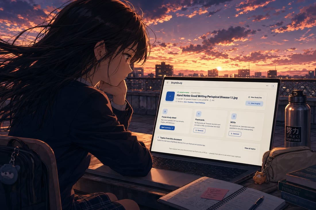 A student reviewing her BrightStudy document on a laptop at dusk