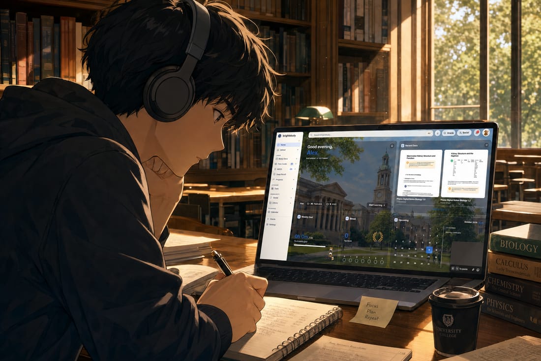 A university student wearing headphones studying in a library with a laptop and textbooks