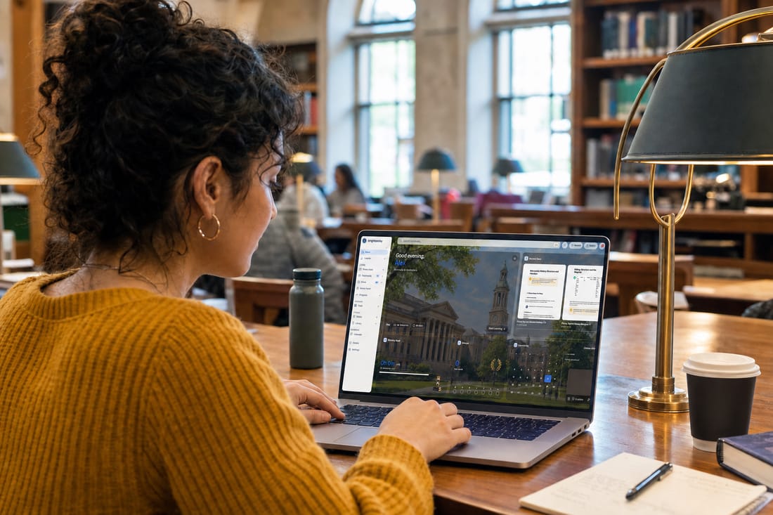 A university student studying on a laptop in a bright library