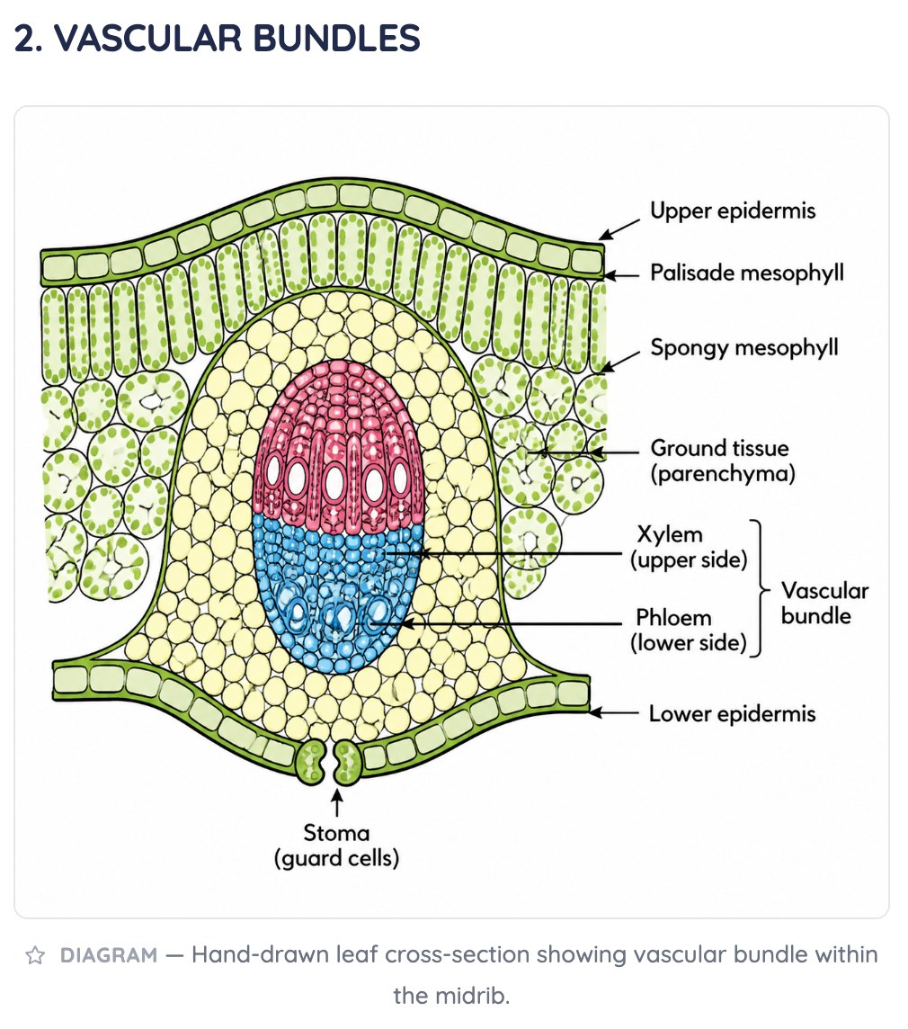 The enhanced Study Doc with a clean, labelled diagram of a leaf cross-section showing the vascular bundle