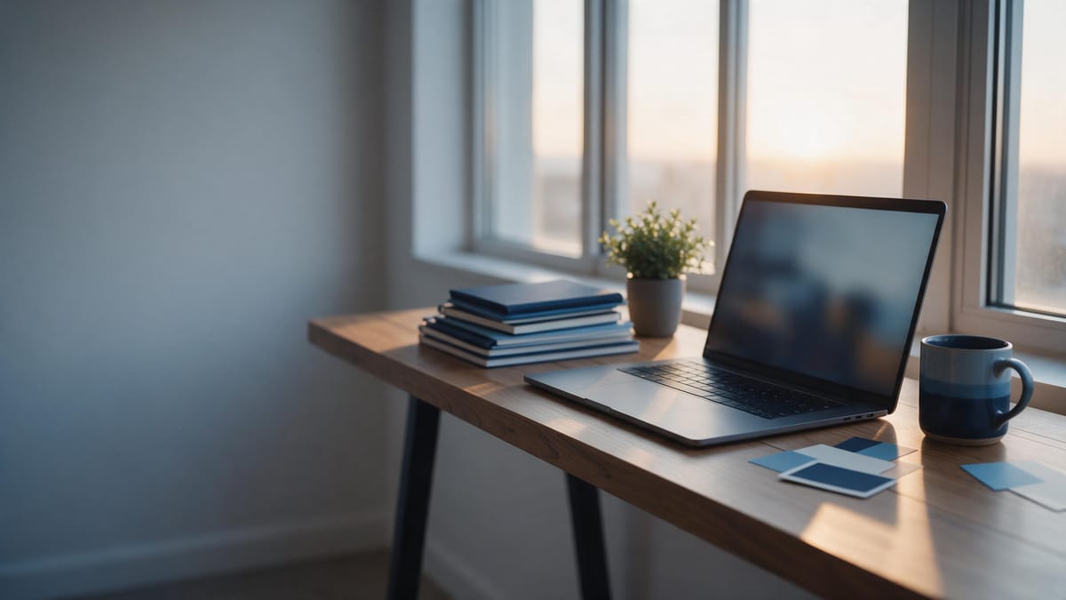 A bright study desk at sunrise with a laptop and notebooks