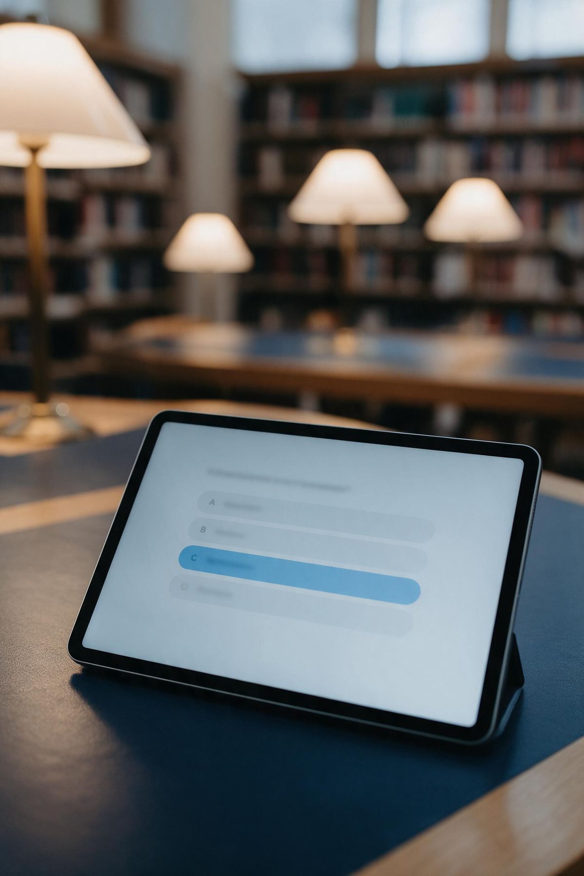 A tablet showing a multiple-choice quiz on a library table