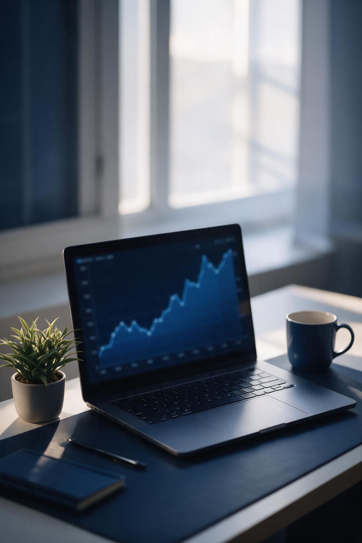 A laptop showing a rising progress chart on a sunlit desk