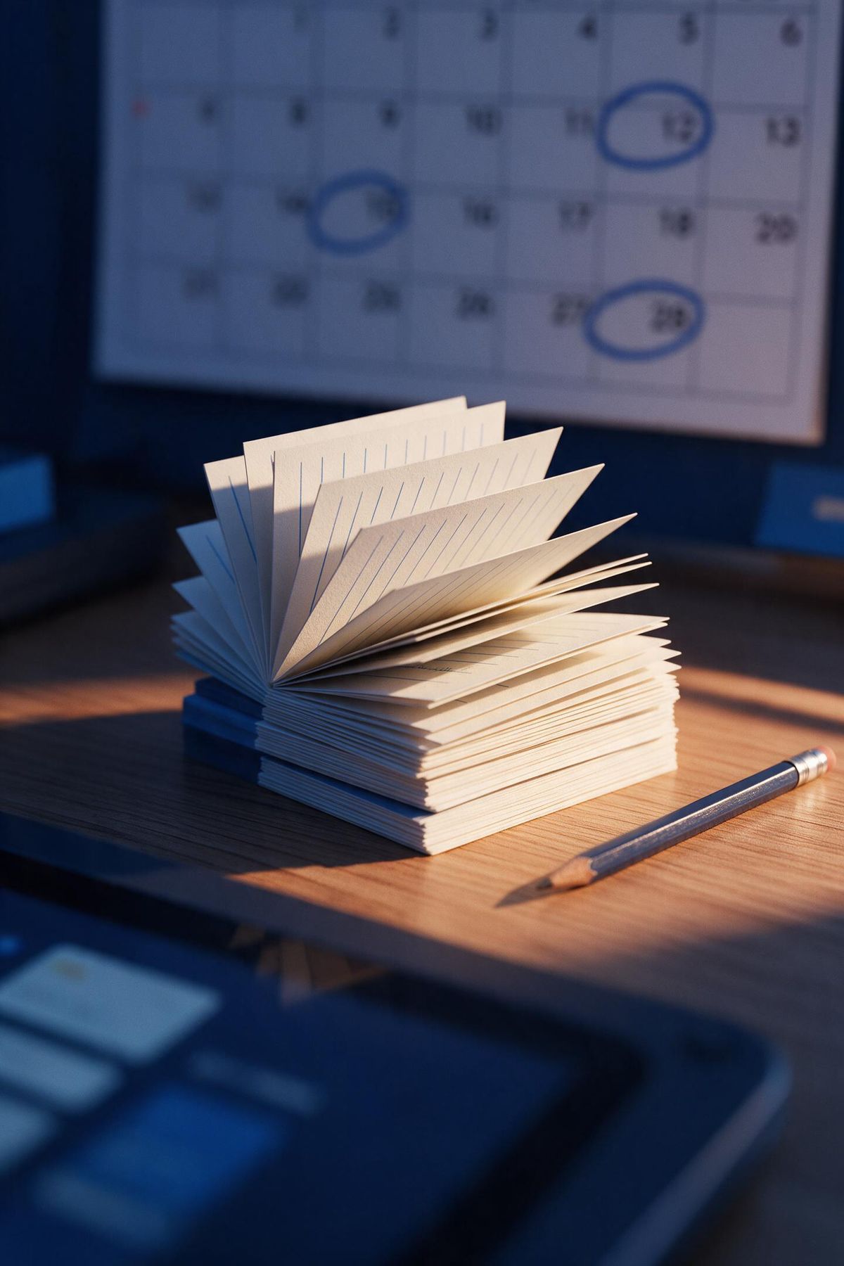 A fanned stack of flashcards on a desk with review days circled on a calendar behind