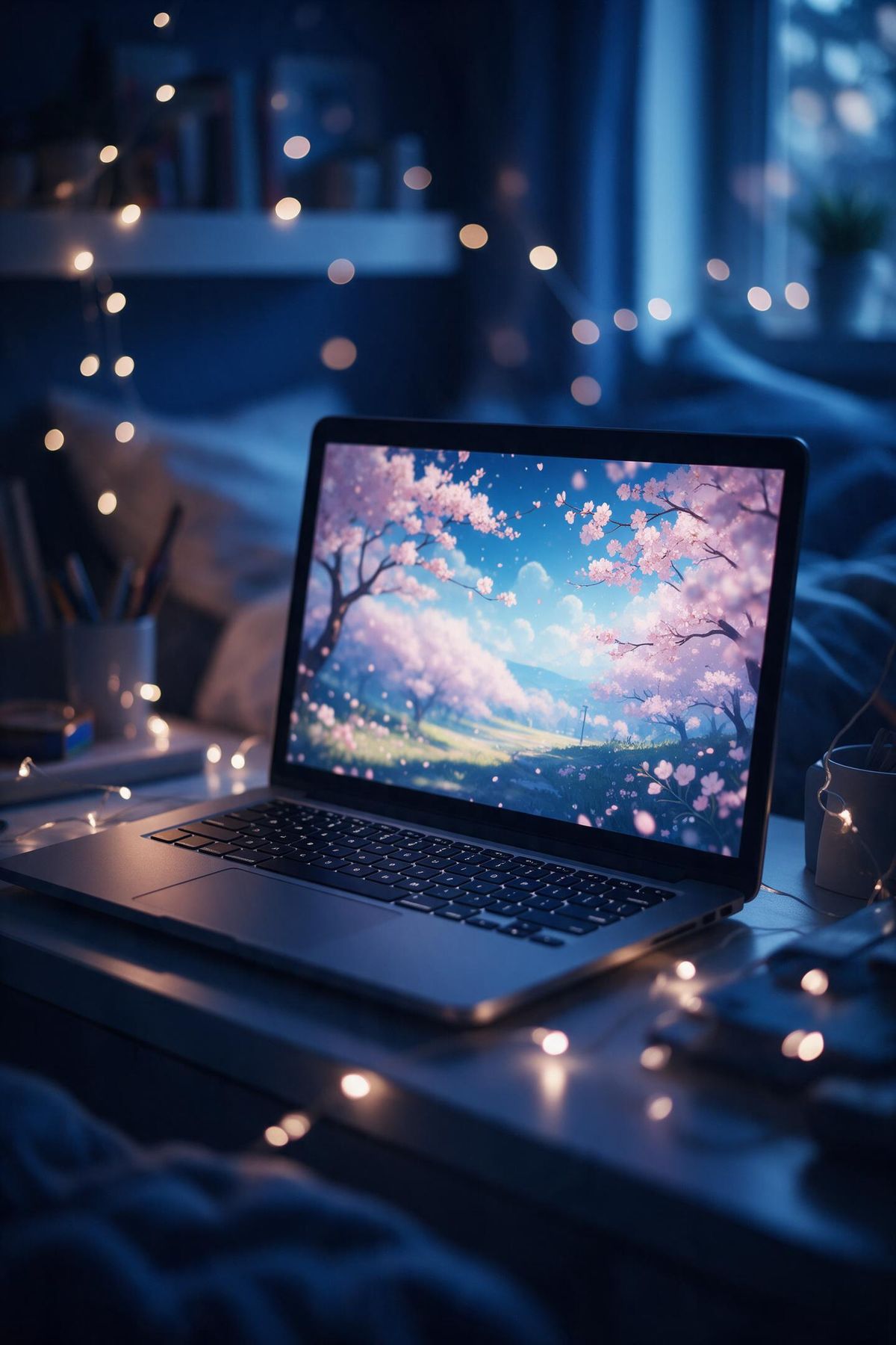 A laptop glowing with a cherry blossom theme in a cosy bedroom at night