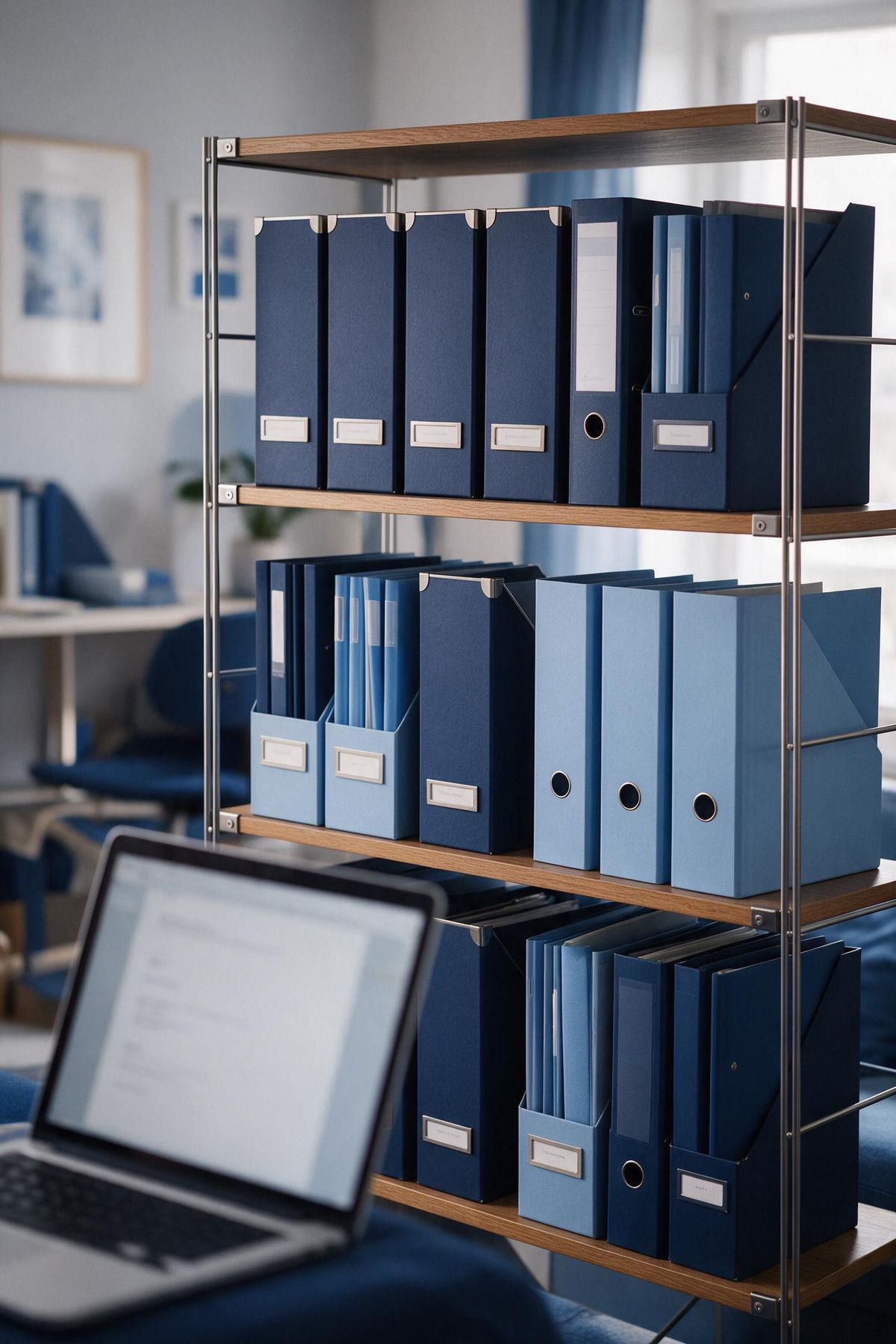 Neatly labelled navy files and binders on shelves beside a laptop