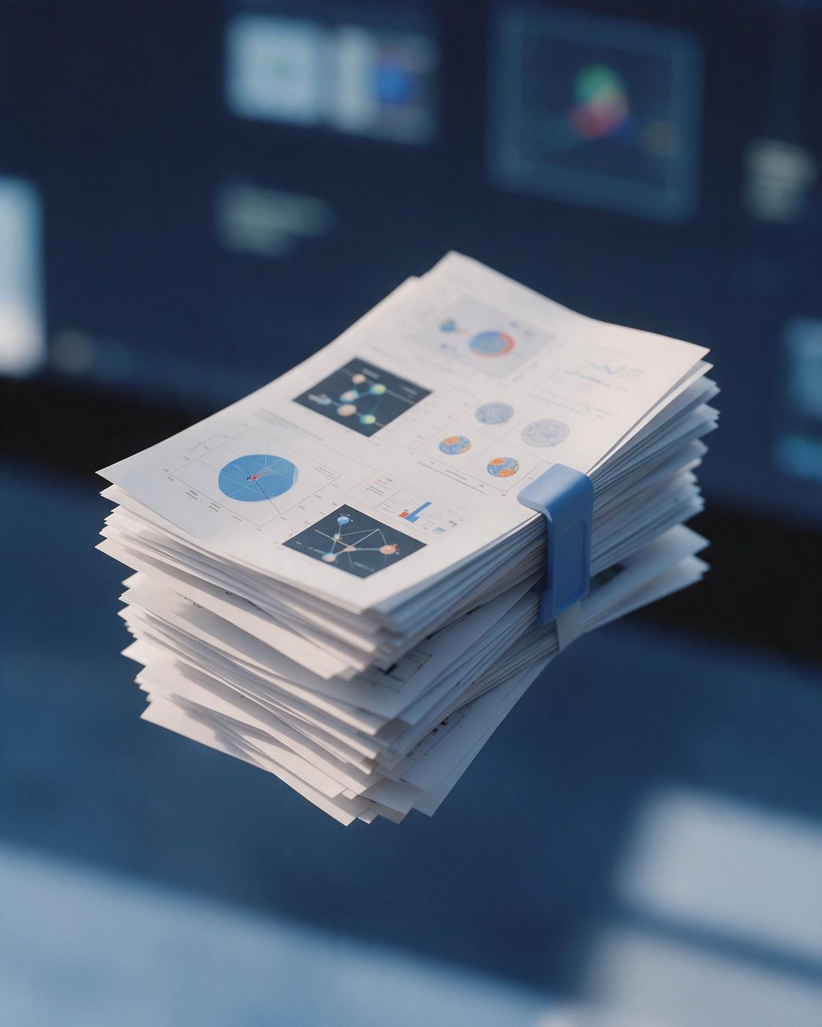 A clean, redrawn diagram pinned above a desk beside a stack of printed notes