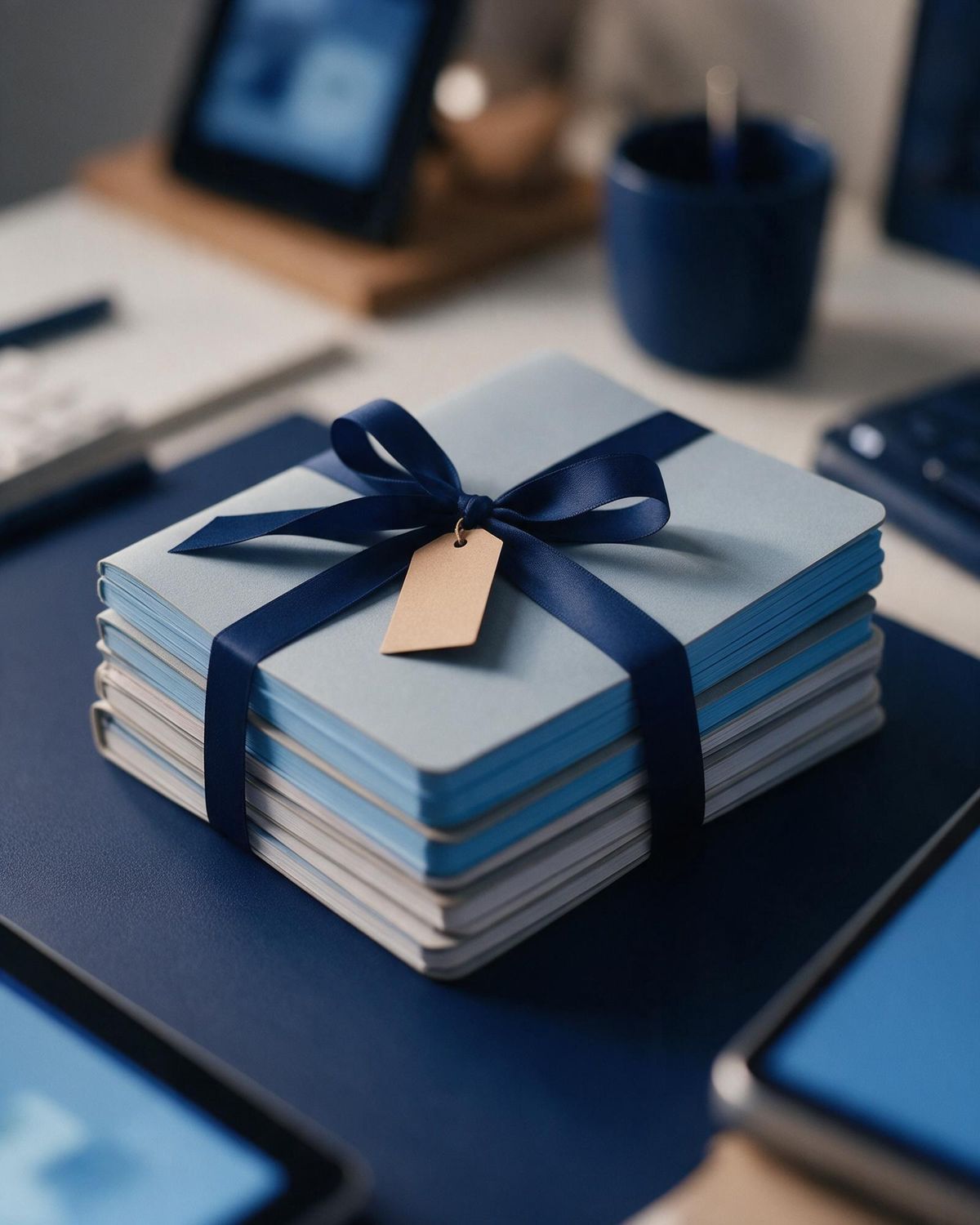 A neat row of matching navy document trays on a shelf, one with a small blank paper tag
