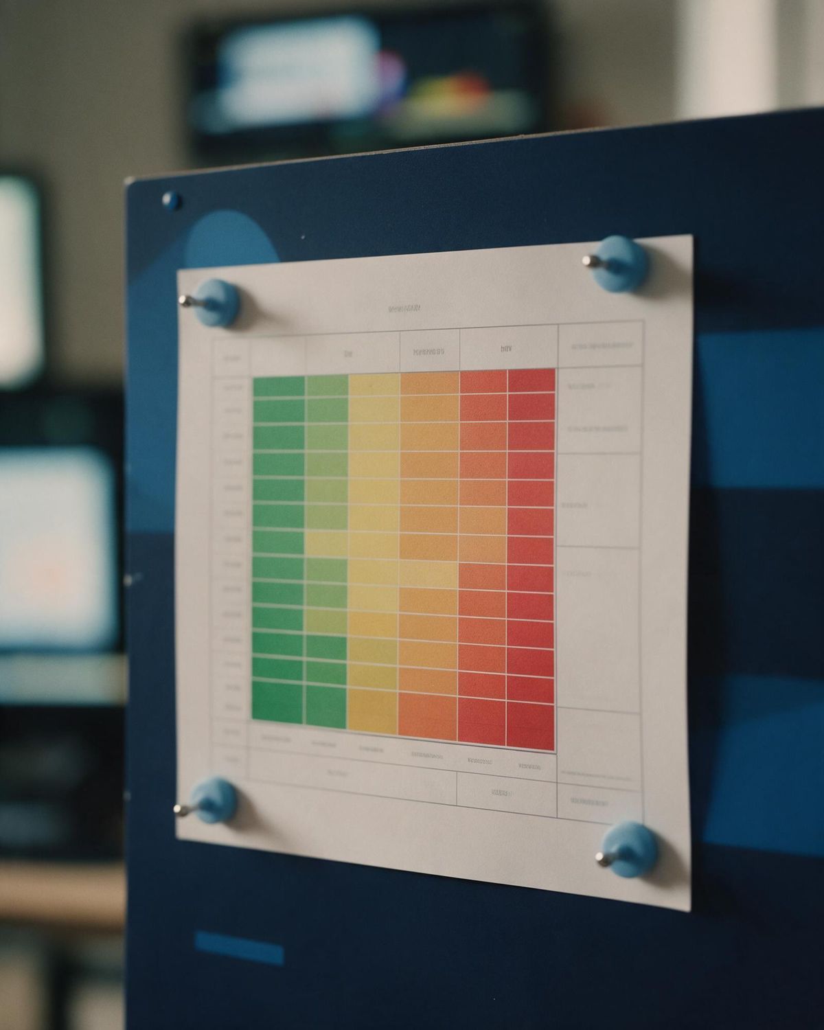 A corkboard of colour-coded index cards connected with thread