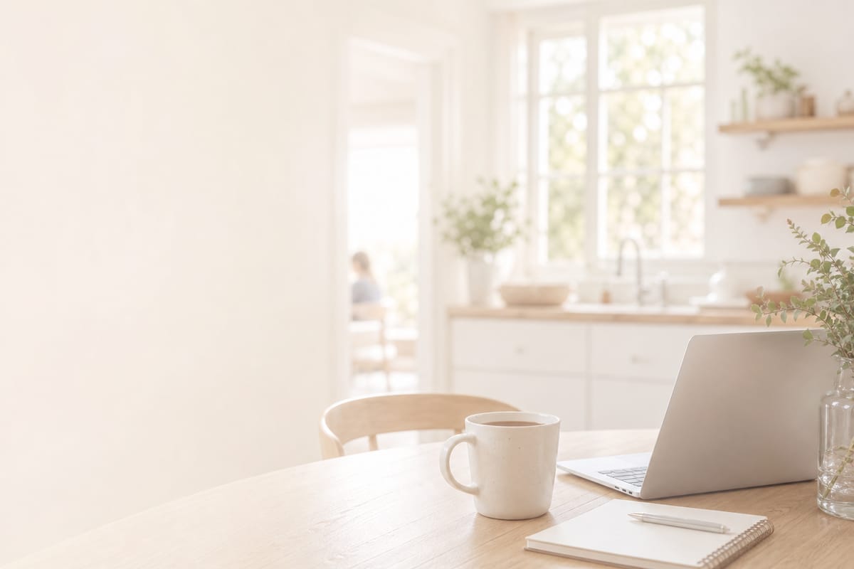 Cosy home kitchen table with a laptop