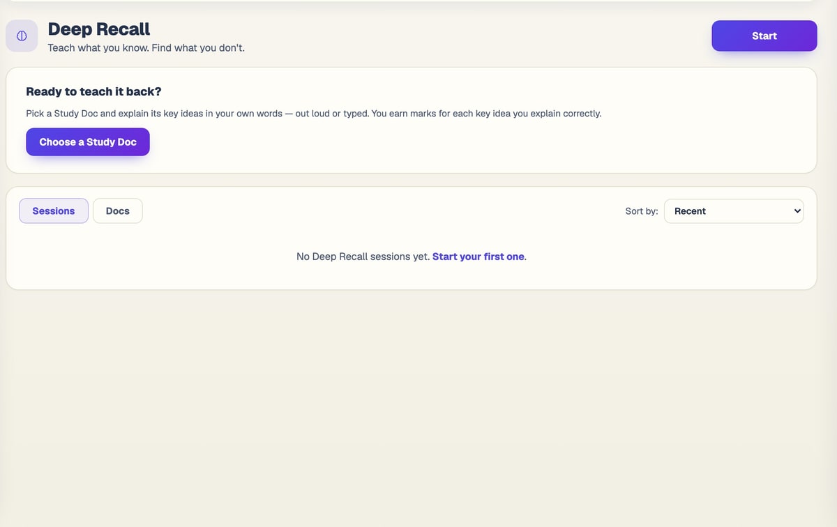 The BrightStudy Deep Recall home page with past sessions and a resume card