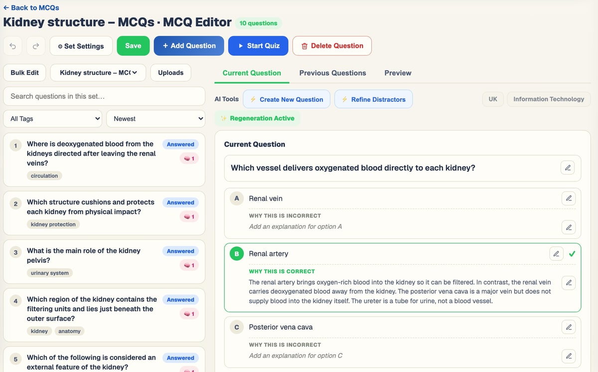 The BrightStudy MCQ editor showing a question and its explanations