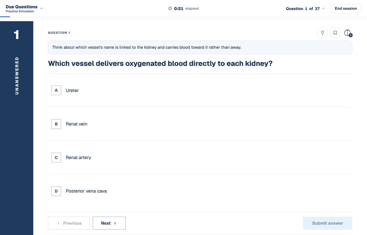 A BrightStudy practice question about which vessel supplies the kidney, with an AI hint shown above it