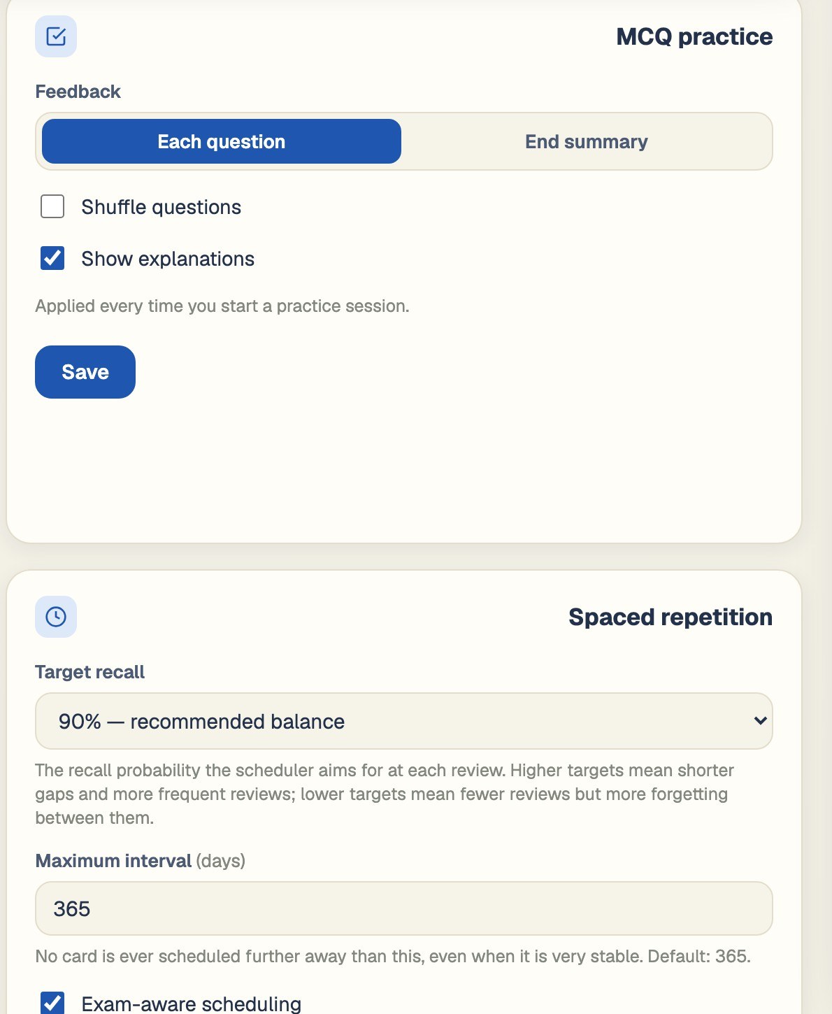 BrightStudy settings showing MCQ practice feedback options