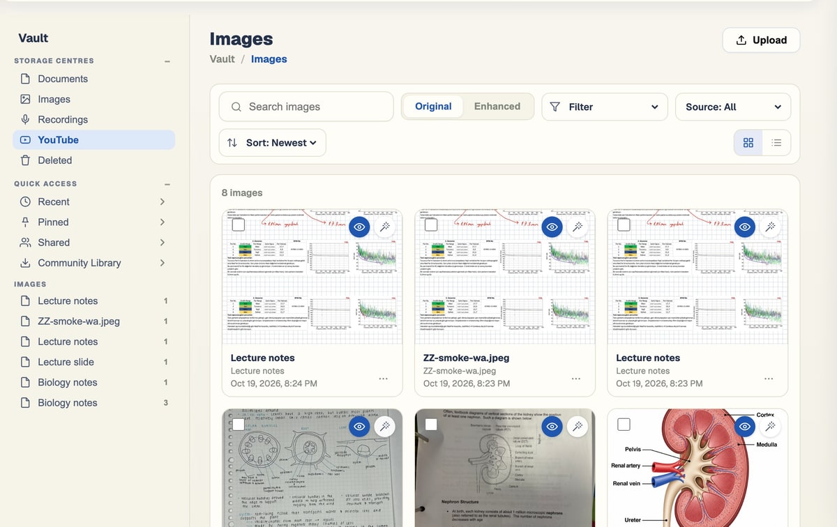 The BrightStudy Vault image library with Enhance and Describe options on a diagram