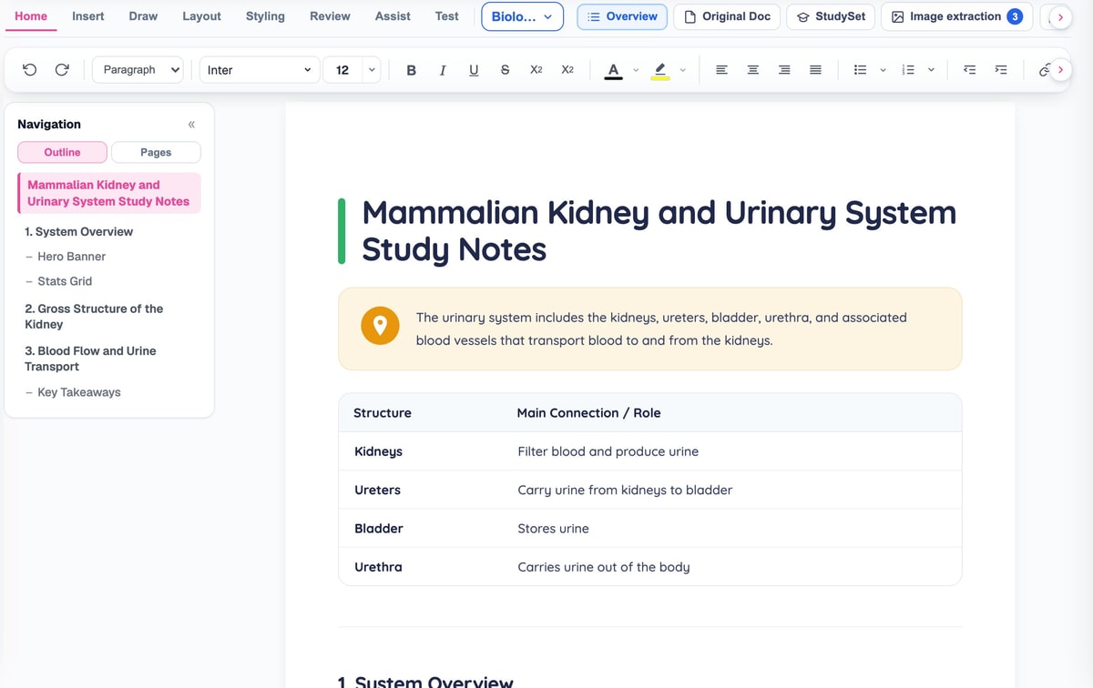 The BrightStudy Study Doc editor with the Extracted images panel open showing several diagrams
