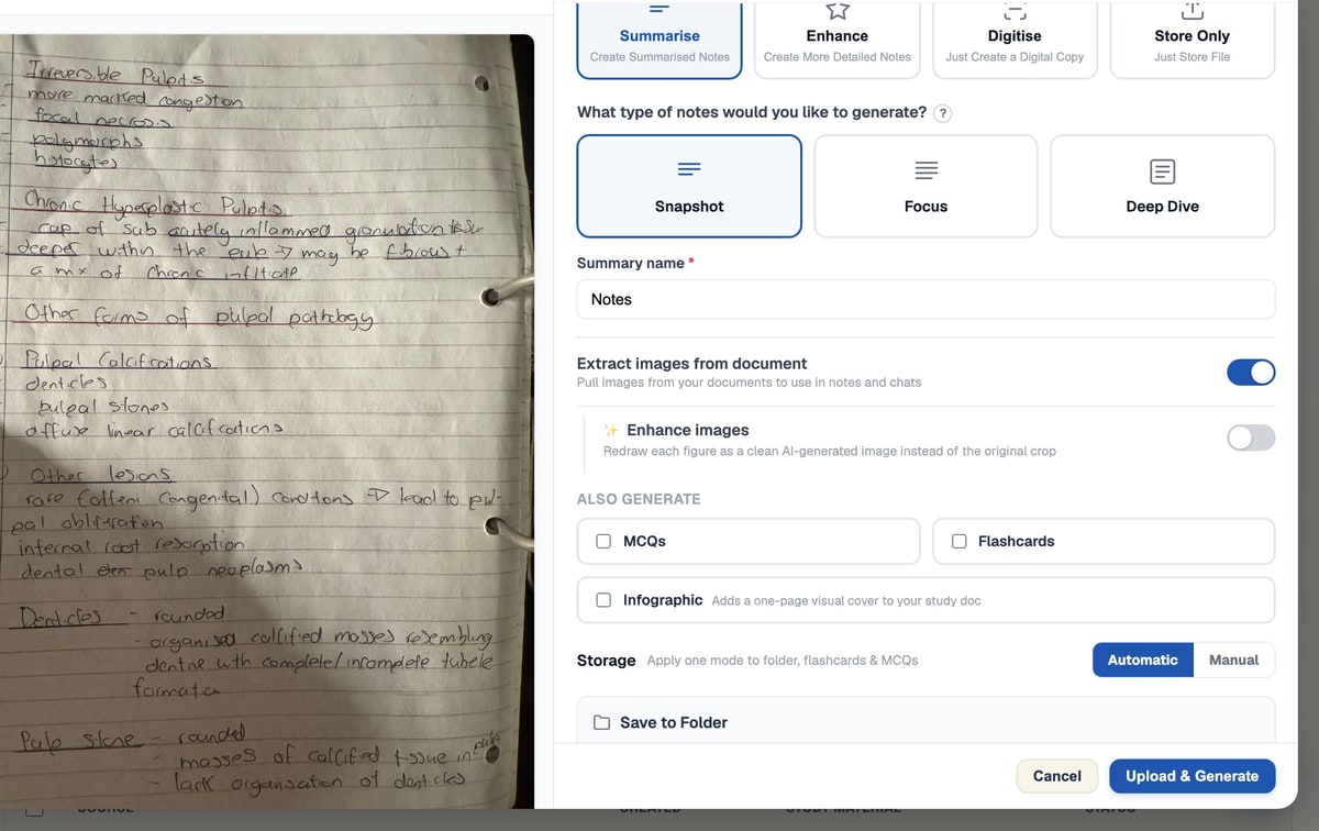 The BrightStudy upload page with the Extract images from document and Enhance images toggles