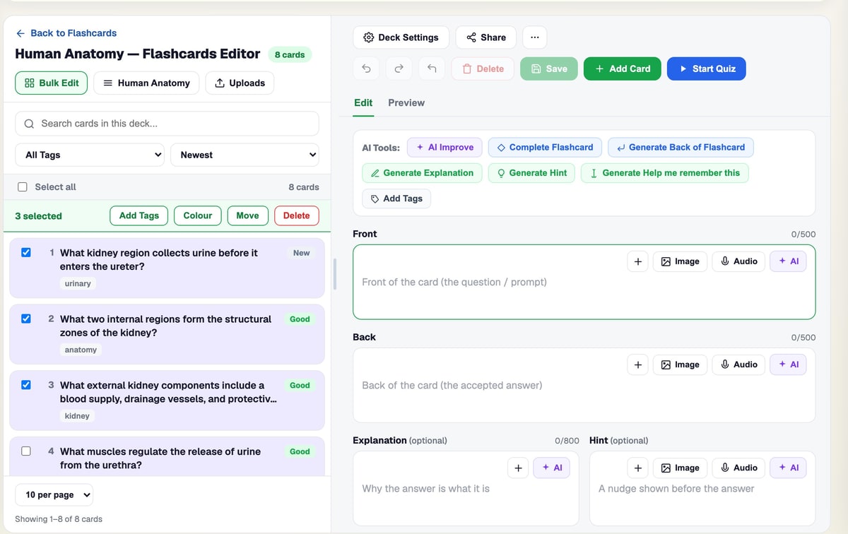 The BrightStudy deck editor with Bulk Edit turned on and several cards selected