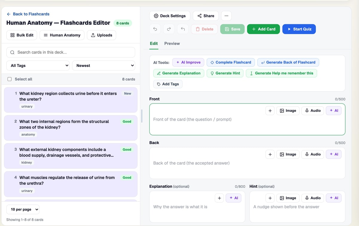The BrightStudy deck editor with the Add Card form open beside a list of flashcards