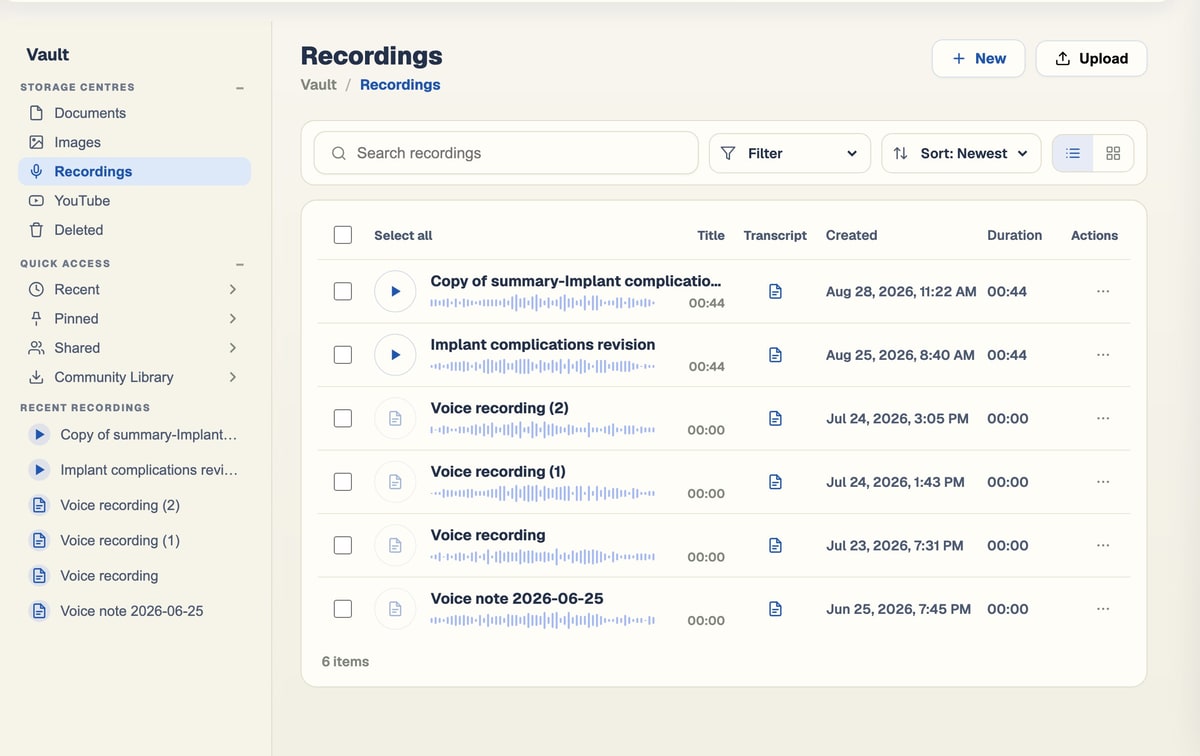 The BrightStudy Vault Recordings page listing recordings with transcript filters