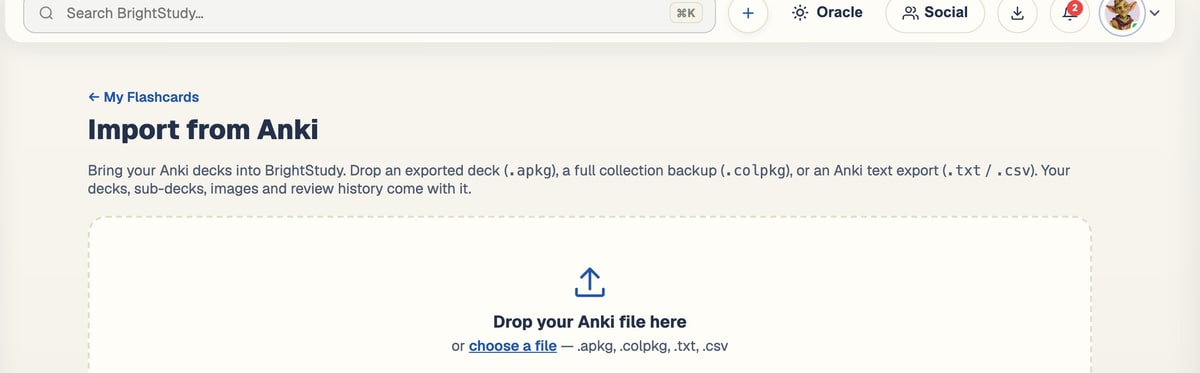 The BrightStudy Anki import page