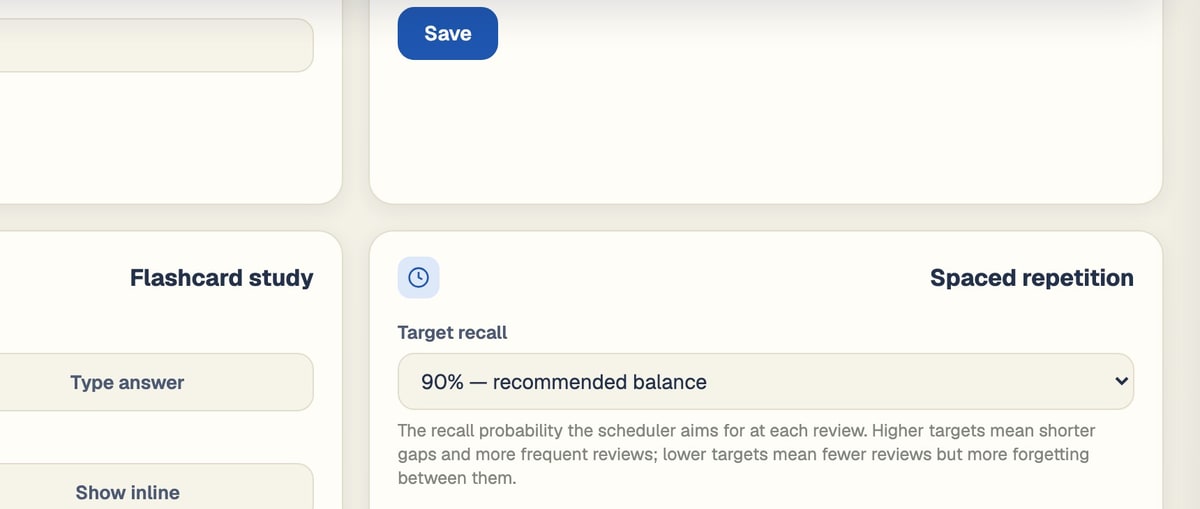 BrightStudy spaced repetition settings with target recall and maximum interval