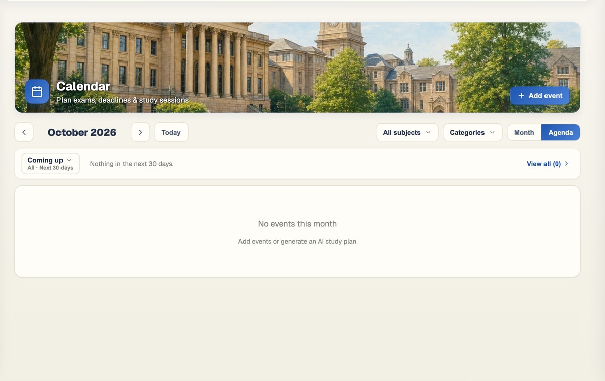 The BrightStudy calendar agenda view with a completion checkbox beside each event