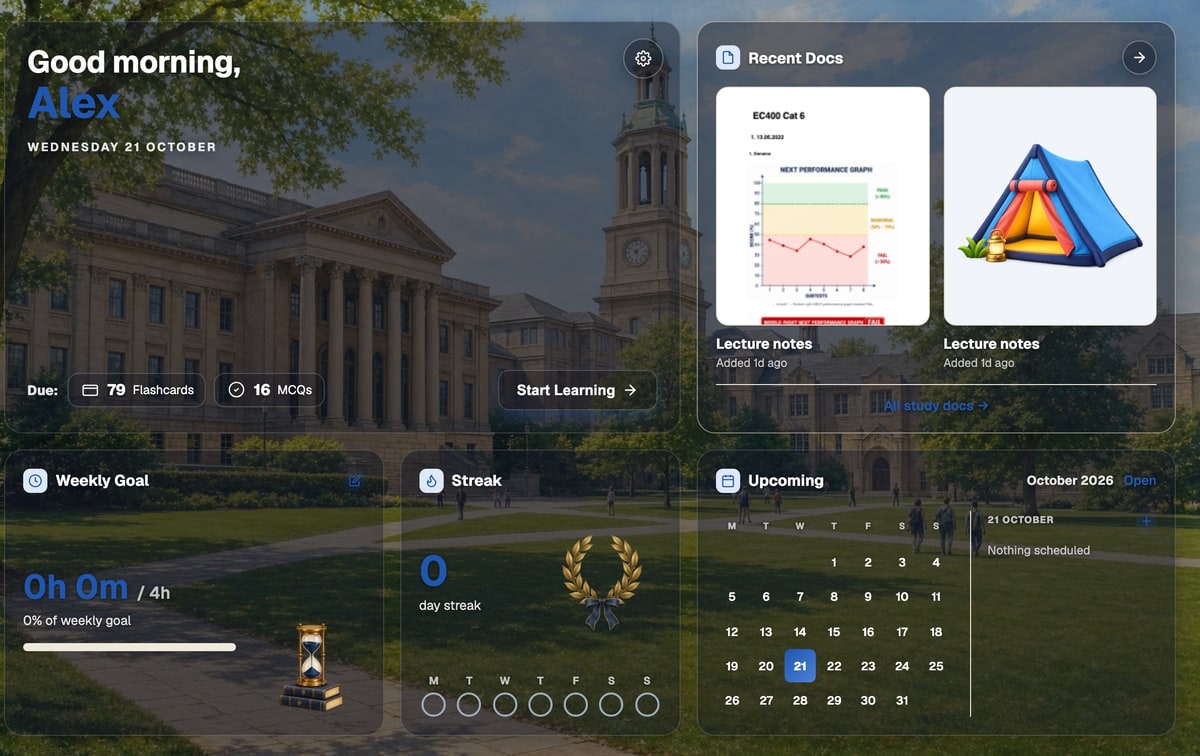 The BrightStudy dashboard Upcoming widget with a mini month calendar and coloured event dots