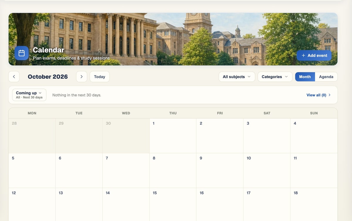 The BrightStudy calendar month view with coloured events across several days