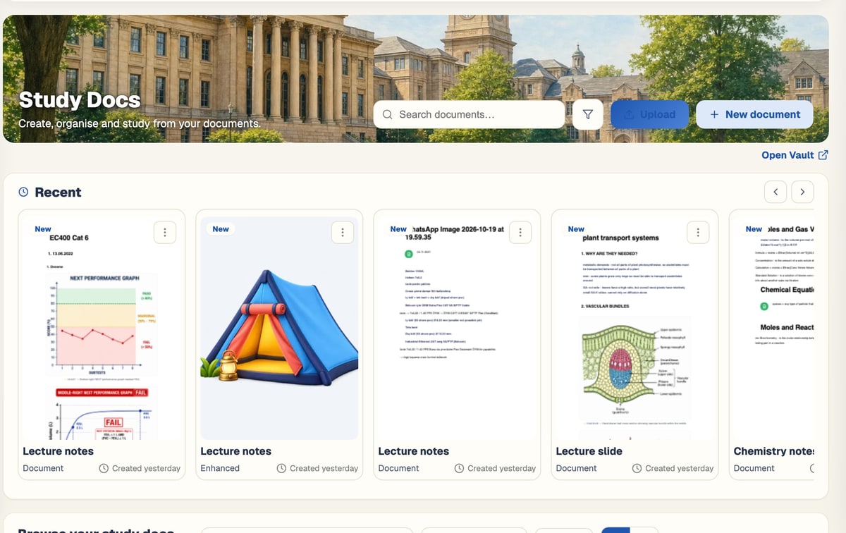 The BrightStudy Study Docs home page listing documents with a New document button
