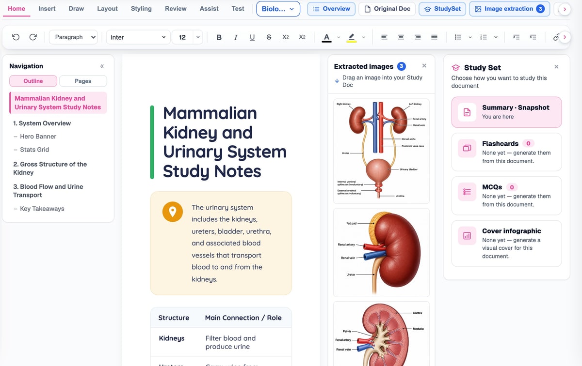 The BrightStudy Study Doc editor with the Study Set panel open showing flashcards, MCQs and a cover infographic