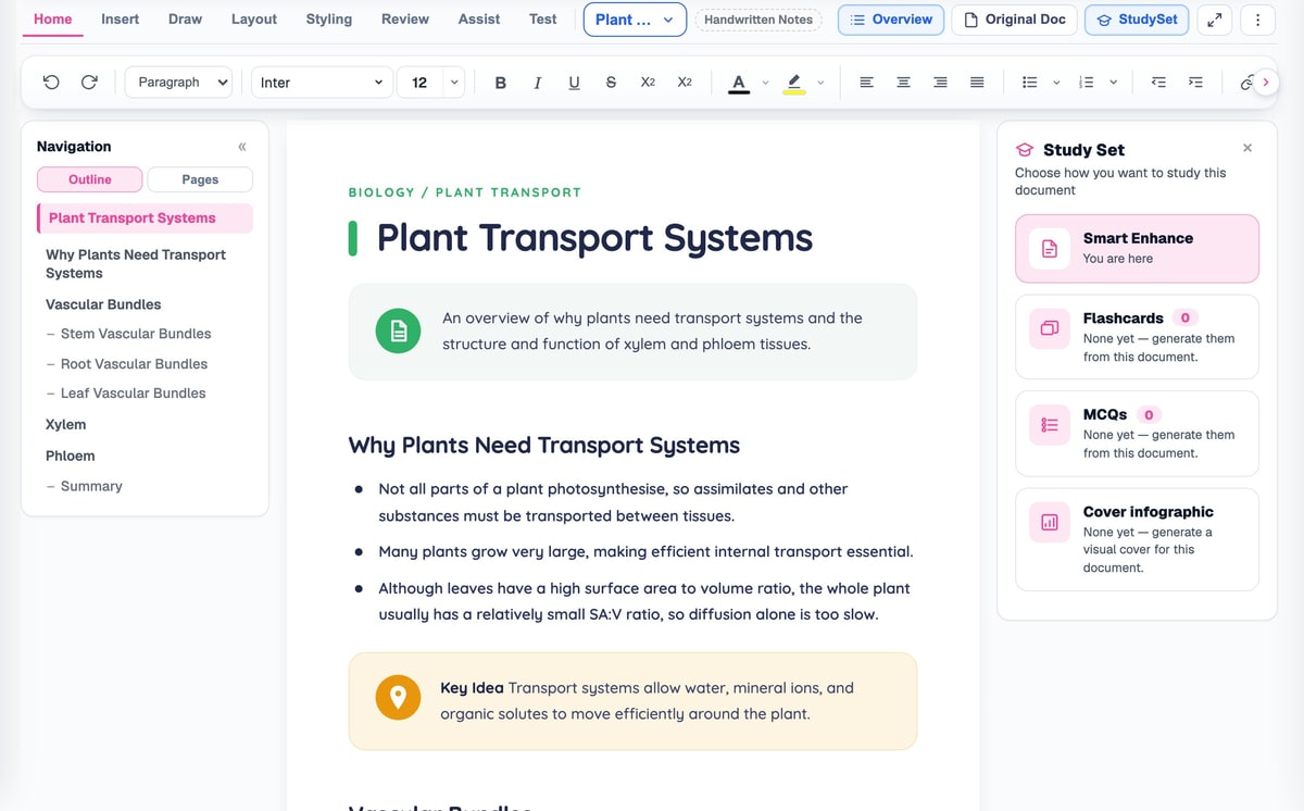A BrightStudy Study Doc on plant transport systems with an outline, a key idea callout and the Study Set panel