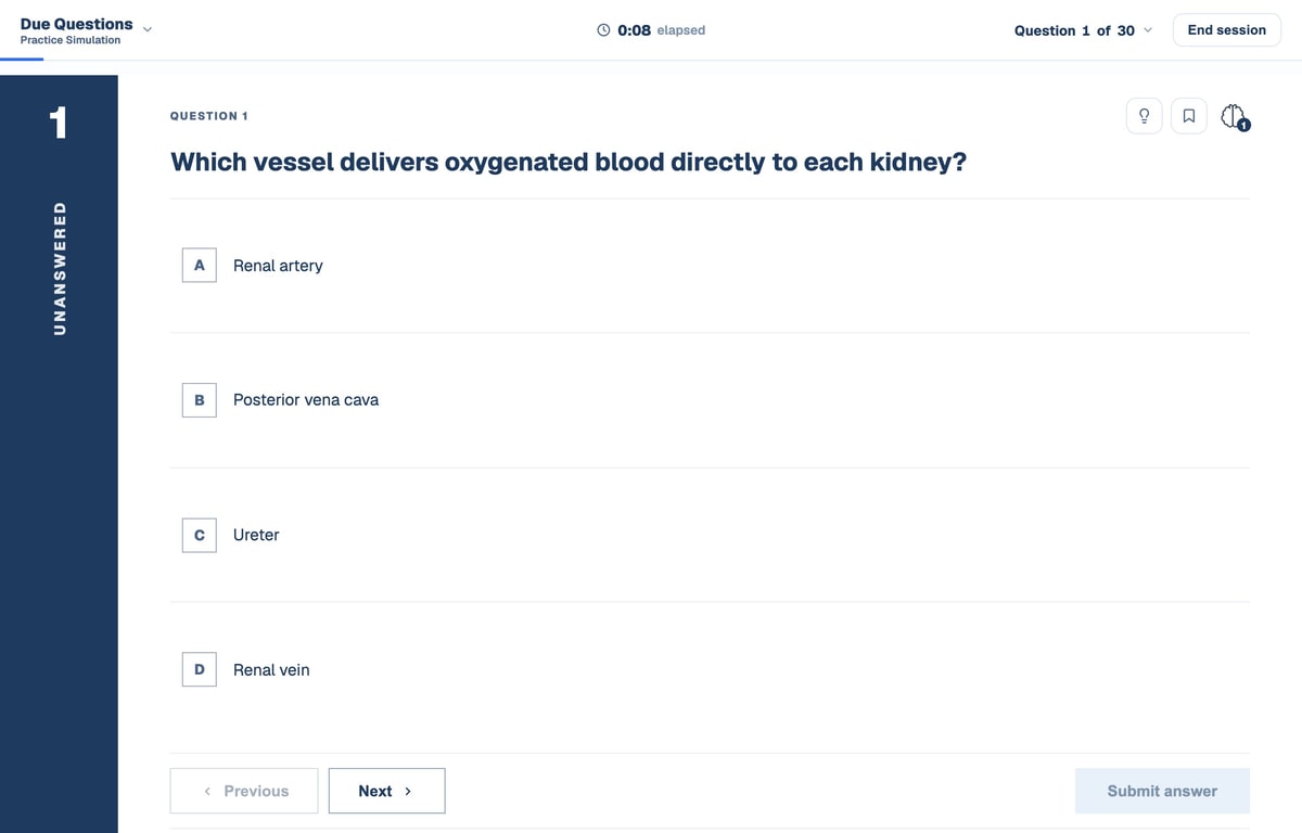 A BrightStudy MCQ practice session asking which vessel delivers oxygenated blood to each kidney