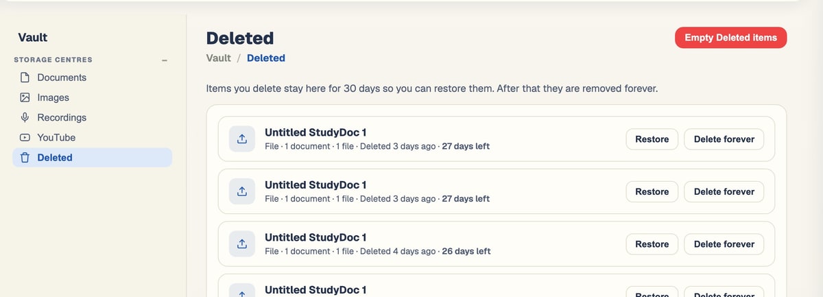 The BrightStudy Deleted page with restore and delete forever buttons