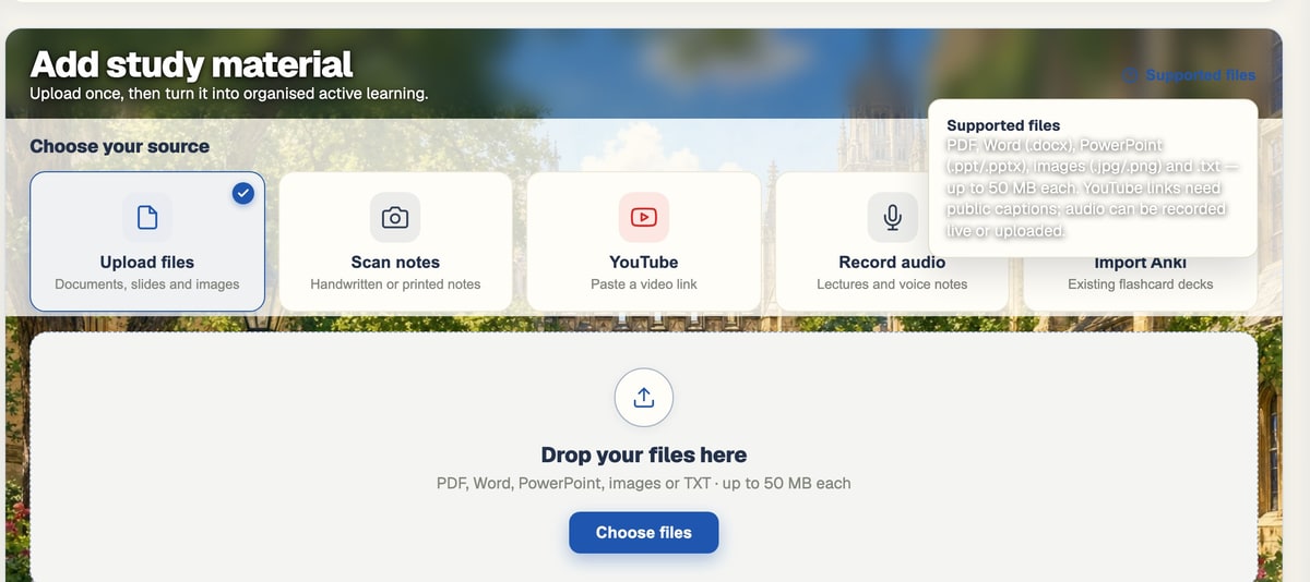 The BrightStudy upload page with the Supported files popover open, noting that YouTube links need public captions