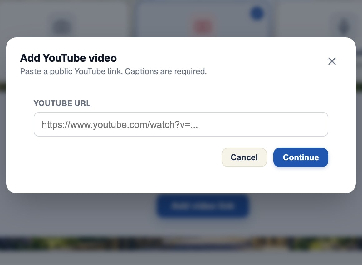The BrightStudy upload page with the Add YouTube video panel open and a URL field
