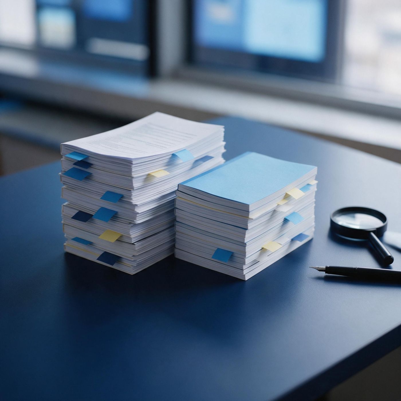 Stacks of printed course specifications with coloured tabs beside a magnifying glass