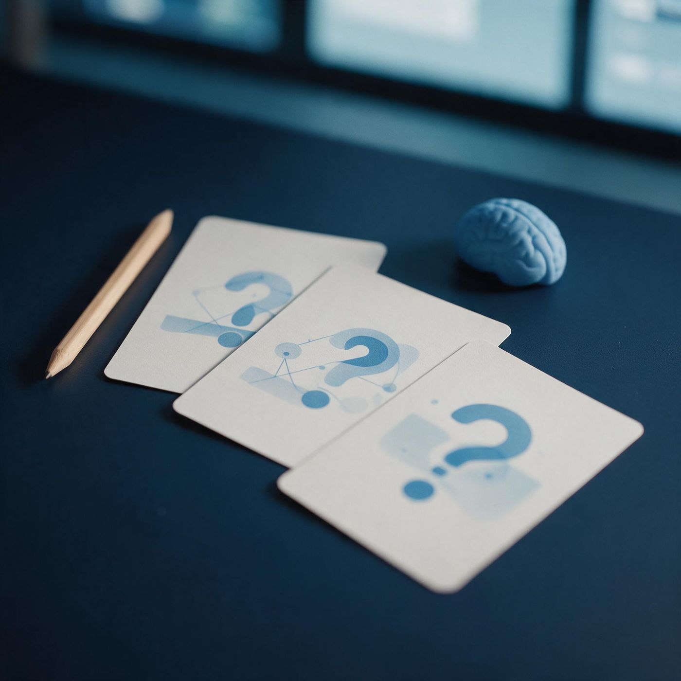 Three printed question cards fanned in sequence on a navy desk
