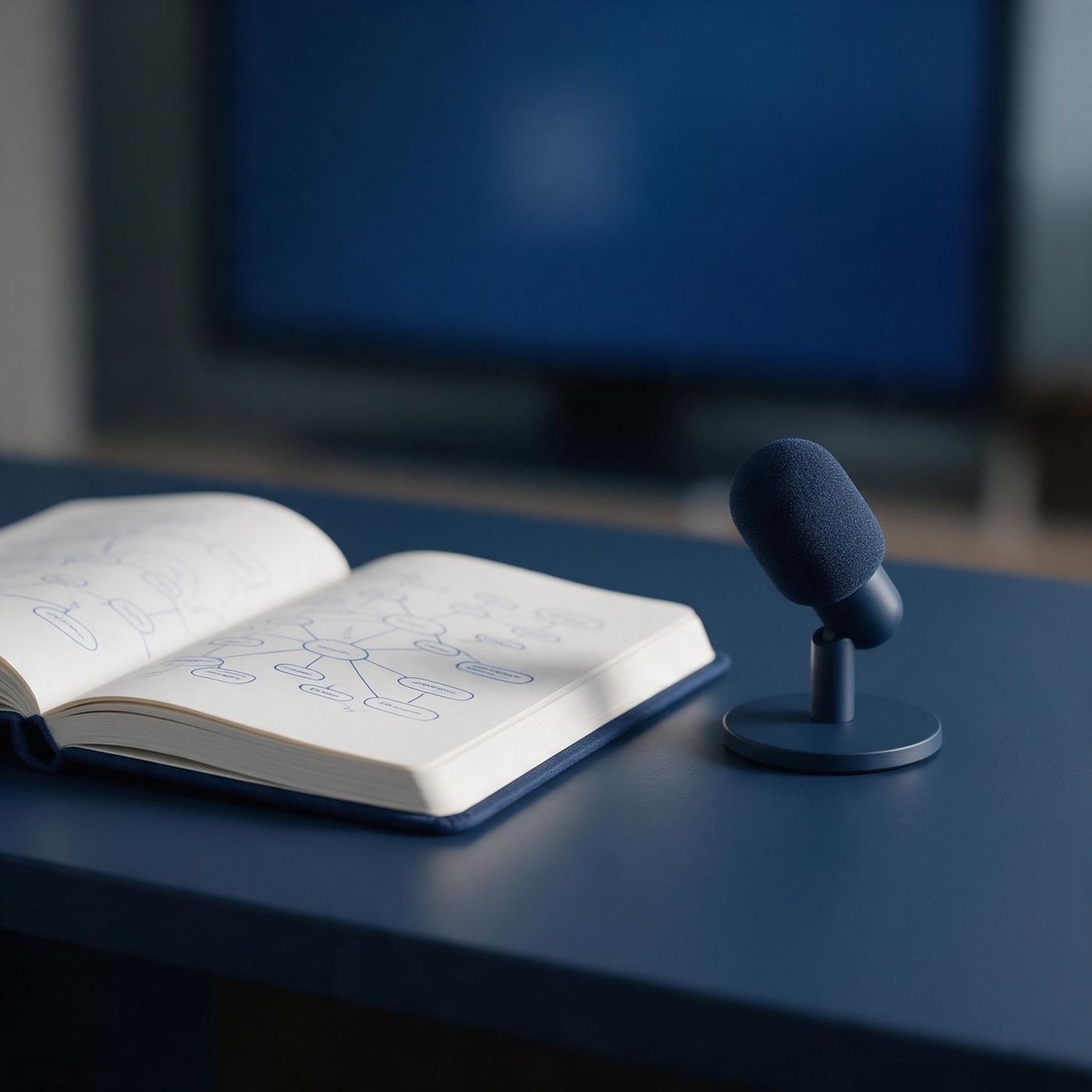 A desk with a notebook, a pencil and a pair of headphones beside a steaming cup of tea