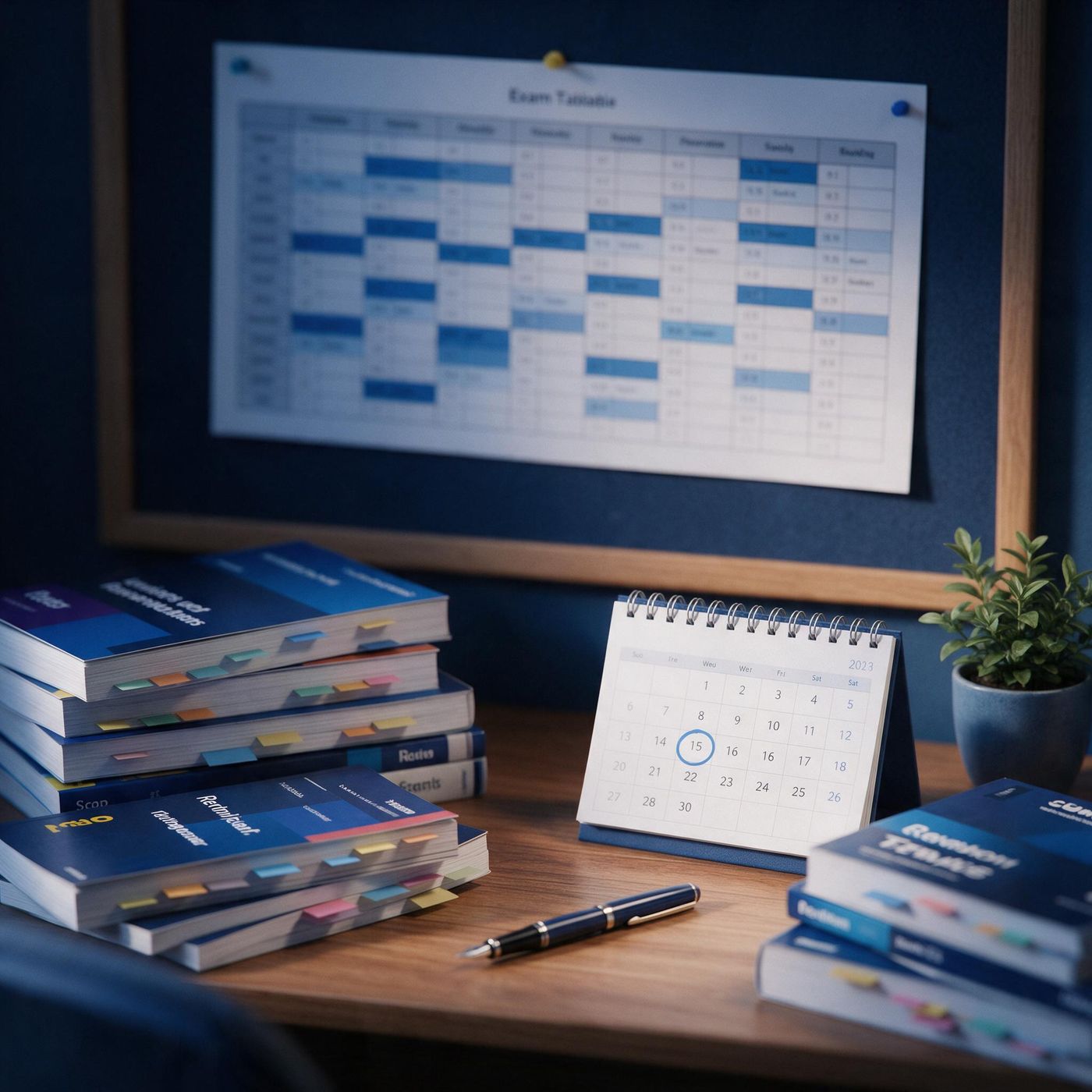 A study desk with an exam timetable pinned on a board, tabbed revision guides and a calendar with an exam date circled